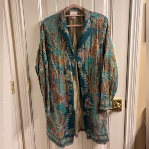 Soft Surroundings Teal Wool Blend Boho Brocade Floral Jacket Artsy Cottagecore L
